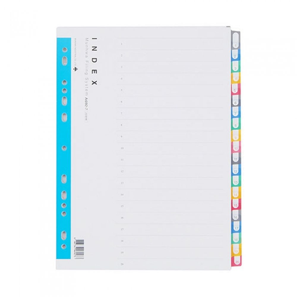 Munhwa File A692-7 Premium A4 20-Tab Color PP Index Dividers for Large Volume Document Classification Made in Korea